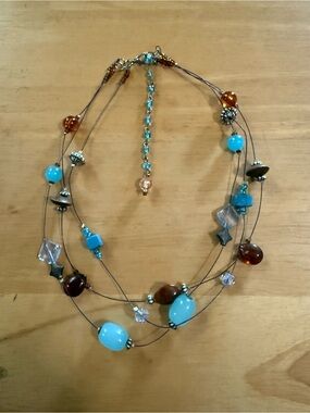 Multi-Strand Blue & Amber Beaded Necklace